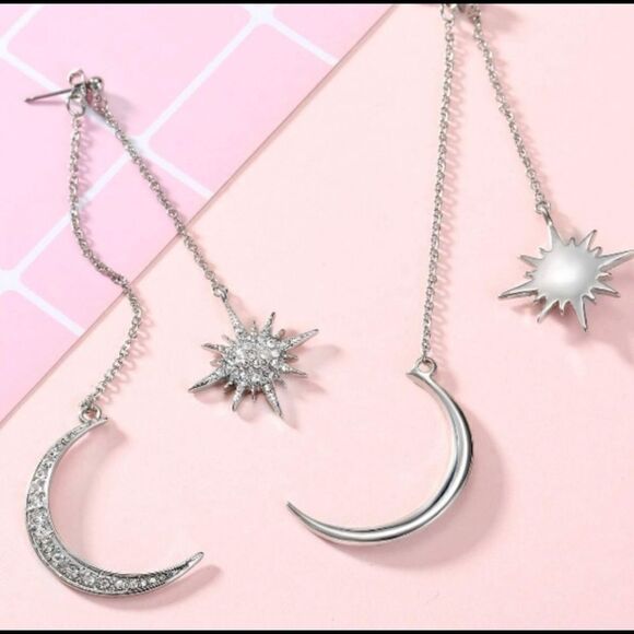 Silver Moon & Star Stud Dangling Earrings - Picture 3 of 3